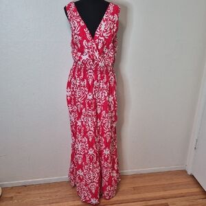Merona Red White Print Maxi Dress 100% Cotton Sleeveless V Neck Sz 4